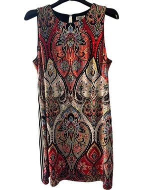Maggy‎ L Office Dress Sz 16 Paisley Red Coral Navy Front Navy White Striped Back